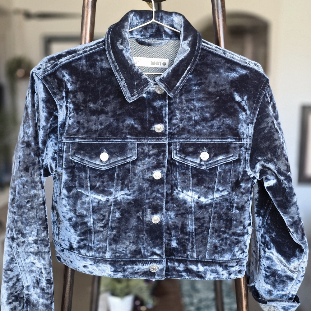 Stunning Topshop Moto Soft Velvet Trucker Cropped Jacket -  Blue Small